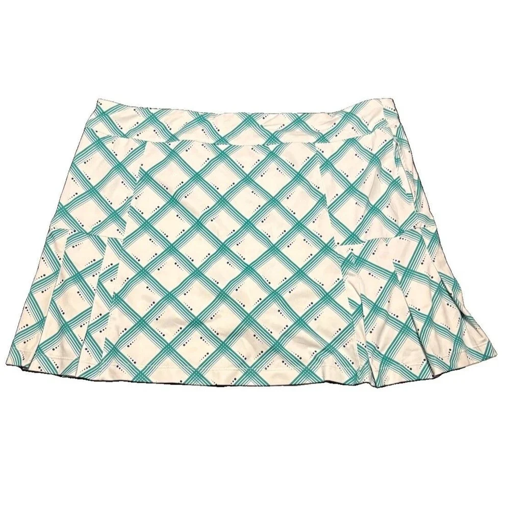 Lillie Green Golf Skort Women's Large Teal White Plaid Diamond Pleated Athletic